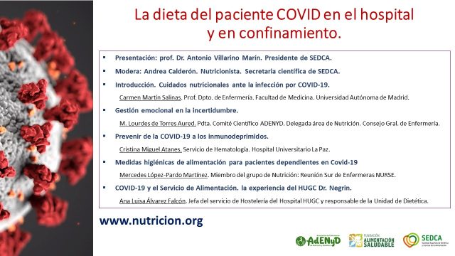 La dieta del paciente COVID en el hospital y en confinamiento.