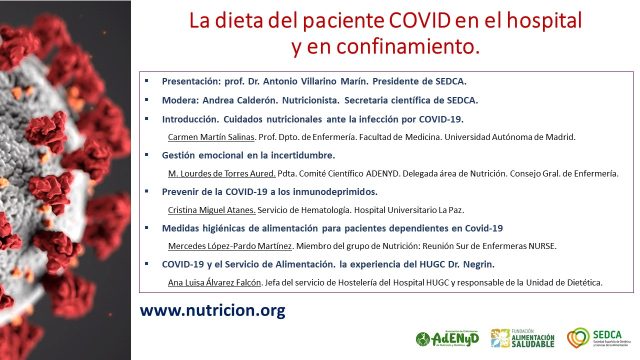 La dieta del paciente COVID en el hospital y en confinamiento.